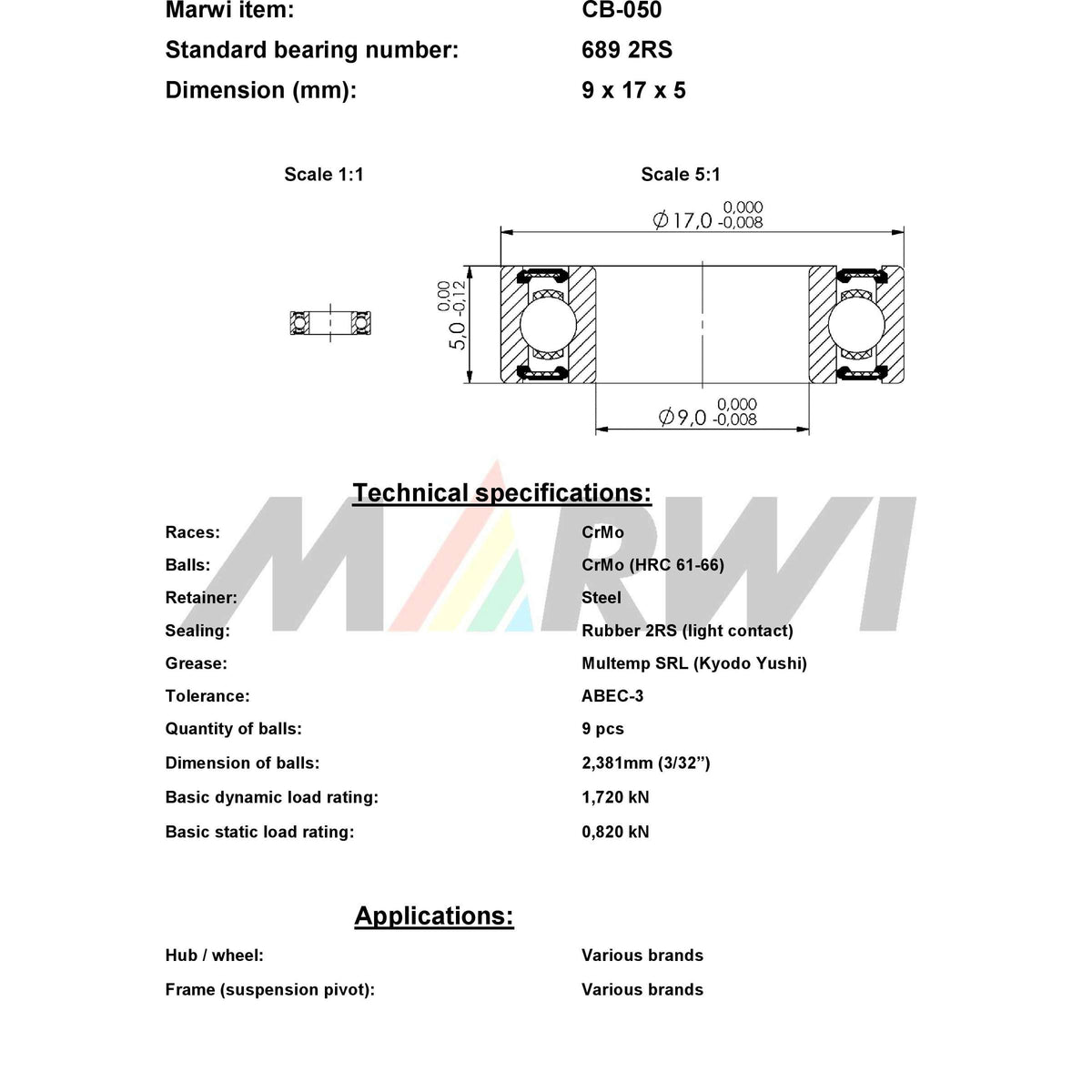 Cuscinetto a sfere con cuscinetto a sfere CB-050 9x17x5