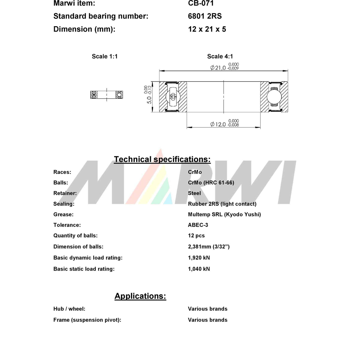 Cuscinetto a sfere con cuscinetto a sfere CB-071 12x21x5