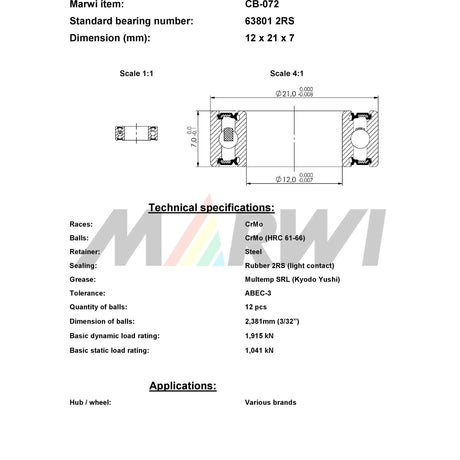 Cuscinetto a sfere con cuscinetto a sfere CB-072 12x21x7
