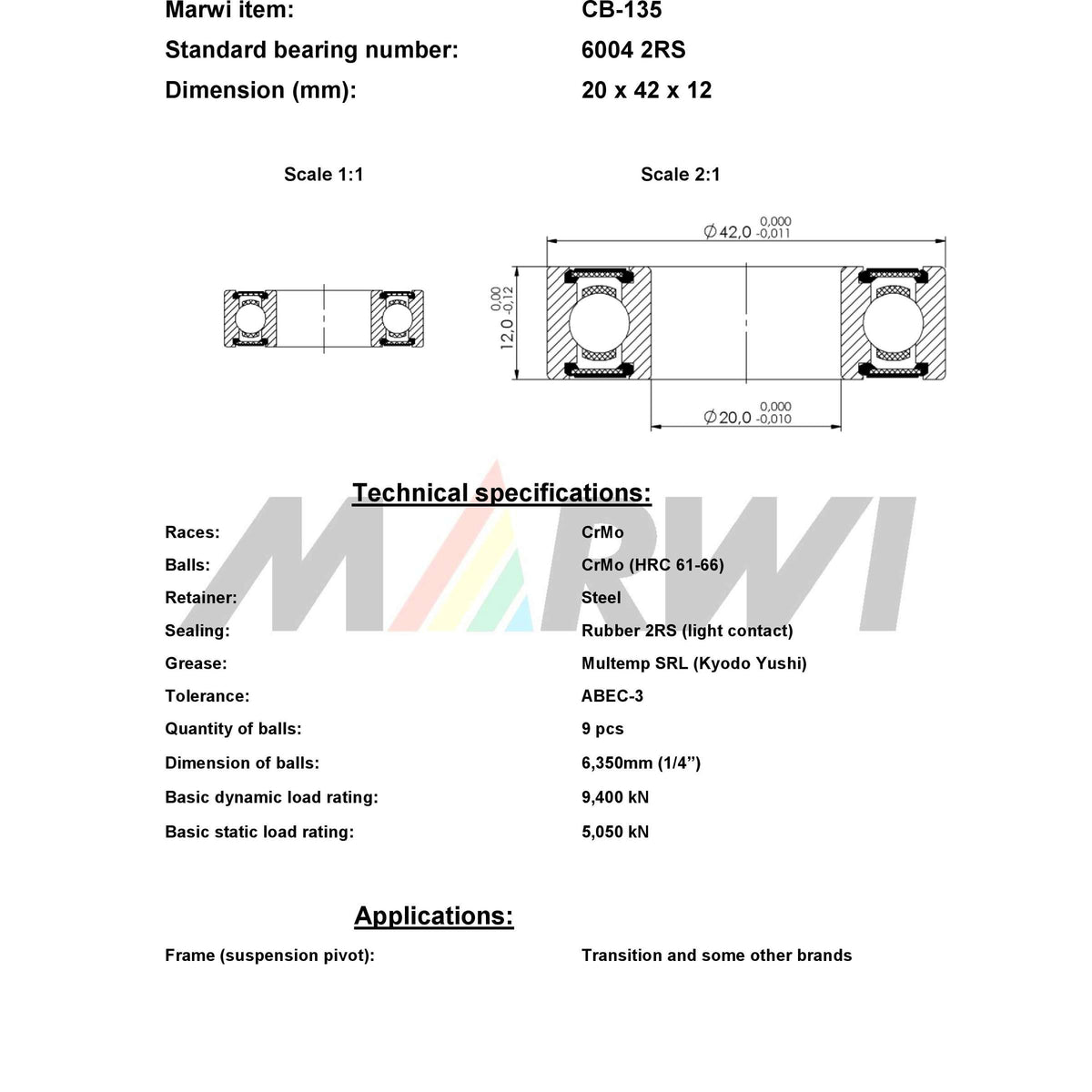 Cuscinetto a sfere con unione CB-135 20x42x12