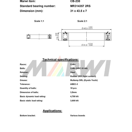 Cuscinetto a sfere con cuscinetto a sfere CB-230 31x43.5x7