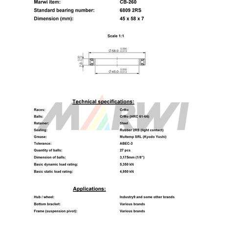 Cuscinetto a sfere con unione CB-260 45x58x7