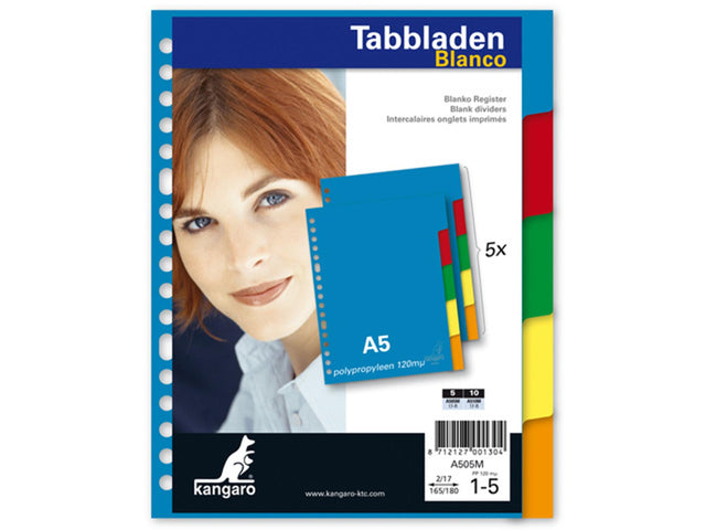 Kangaro tab a5 vuoto pp 120 micron assortiti 17 fori 5 pezzi in plastica