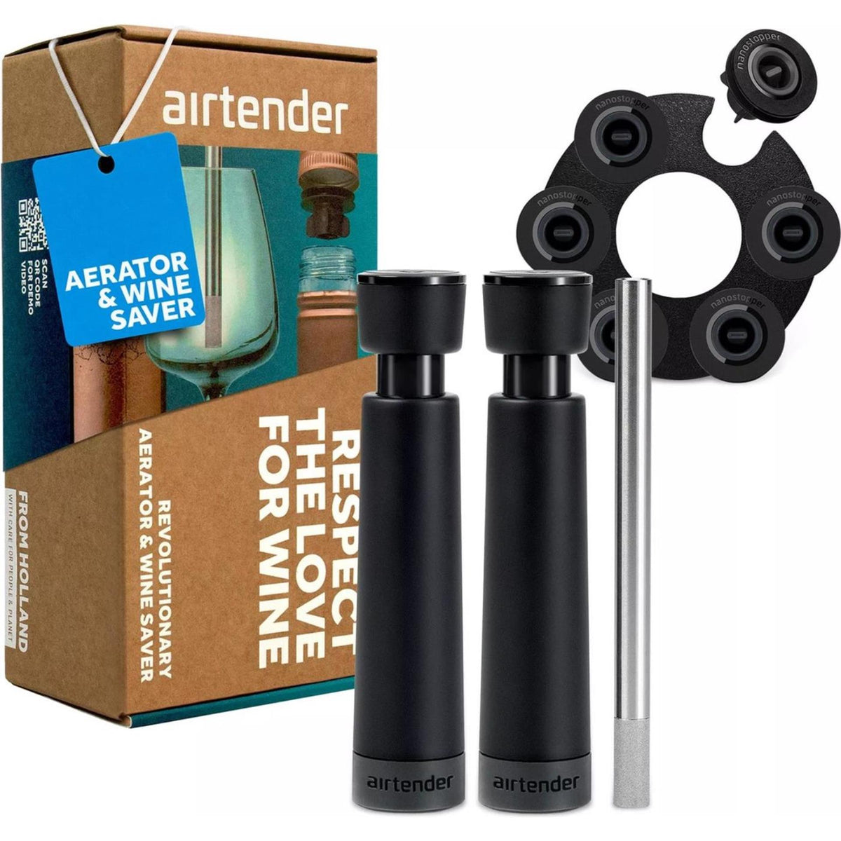 Amanti del vino Airtender - pompa a vuoto con 3 tappi per vino e aeratore in confezione regalo