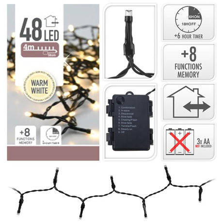 Home styling s.i.a. Illuminazione LED a batteria 48 LED 350 cm luce bianca calda nera
