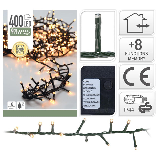 Illuminazione a grappolo 400 LED 8 metri con funzione flash bianco extra caldo