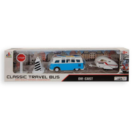 Autobus da viaggio Jonotoys con set da gioco per roulotte