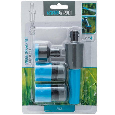 Set 4 pezzi di irrigatori da giardino Pro Garden, composto da 1 doccetta, 1 attacco per rubinetto con filettatura e 2 attacchi rapidi di cui 1 con water stop. raccordo del tubo.