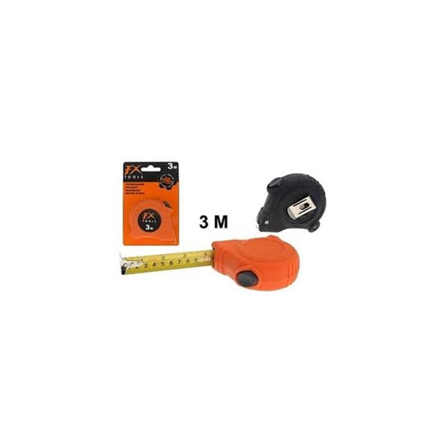 Metro a nastro Fx Tools da 3 m con pulsante di blocco. disponibile in arancione o nero.