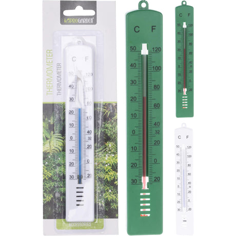 Termometro da giardino professionale per interni ed esterni da -30 a +50 gradi Celsius lungo 17 cm in plastica bianca o verde