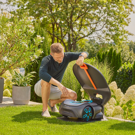 Garage per rasaerba robotizzato Gardena Sileno per Sileno Pro Max Tettuccio gratuito (grigio arancione)