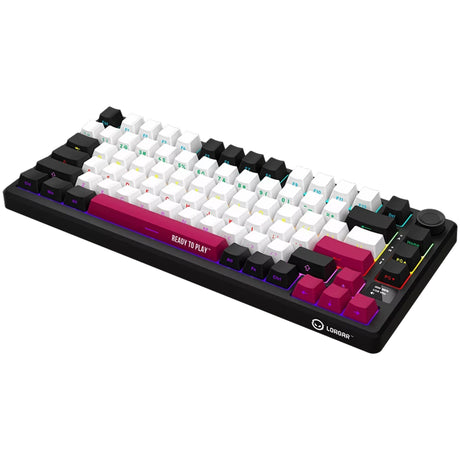 Tastiera da gioco meccanica Lorgar kbp7075w RGB (nera, layout USA (qwerty), viola tossico Logar, 75%, RGB, sostituibile a caldo, pbt double-shot, bluetooth | 2.4ghz | USB)