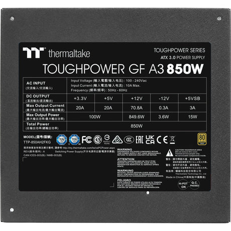 Thermaltake ToughPower GF A3 Gold - Alimentatore modulare TT Premium Edition da 850 Watt (Nero, 4x PCIe)