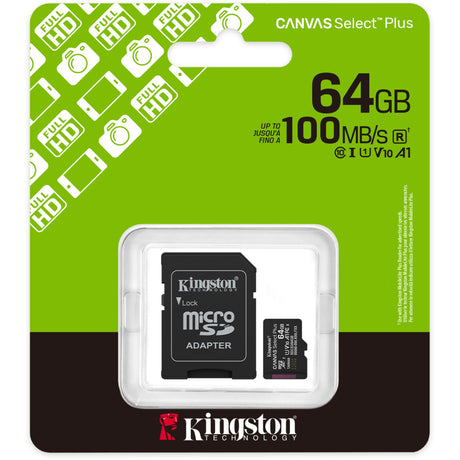 Scheda di memoria MicroSDXC Kingston Canvas Select Plus da 64 GB (nera, UHS-I U1, Classe 10, V10, incluso adattatore SD)
