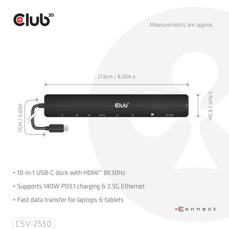 Club 3d 10-1 dock portatile da USB tipo C 10 Gbps a HDMI 8 K 30 Hz pd3.1 Docking station max. 140 Watt (nero, HDMI, USB-C, Lan)