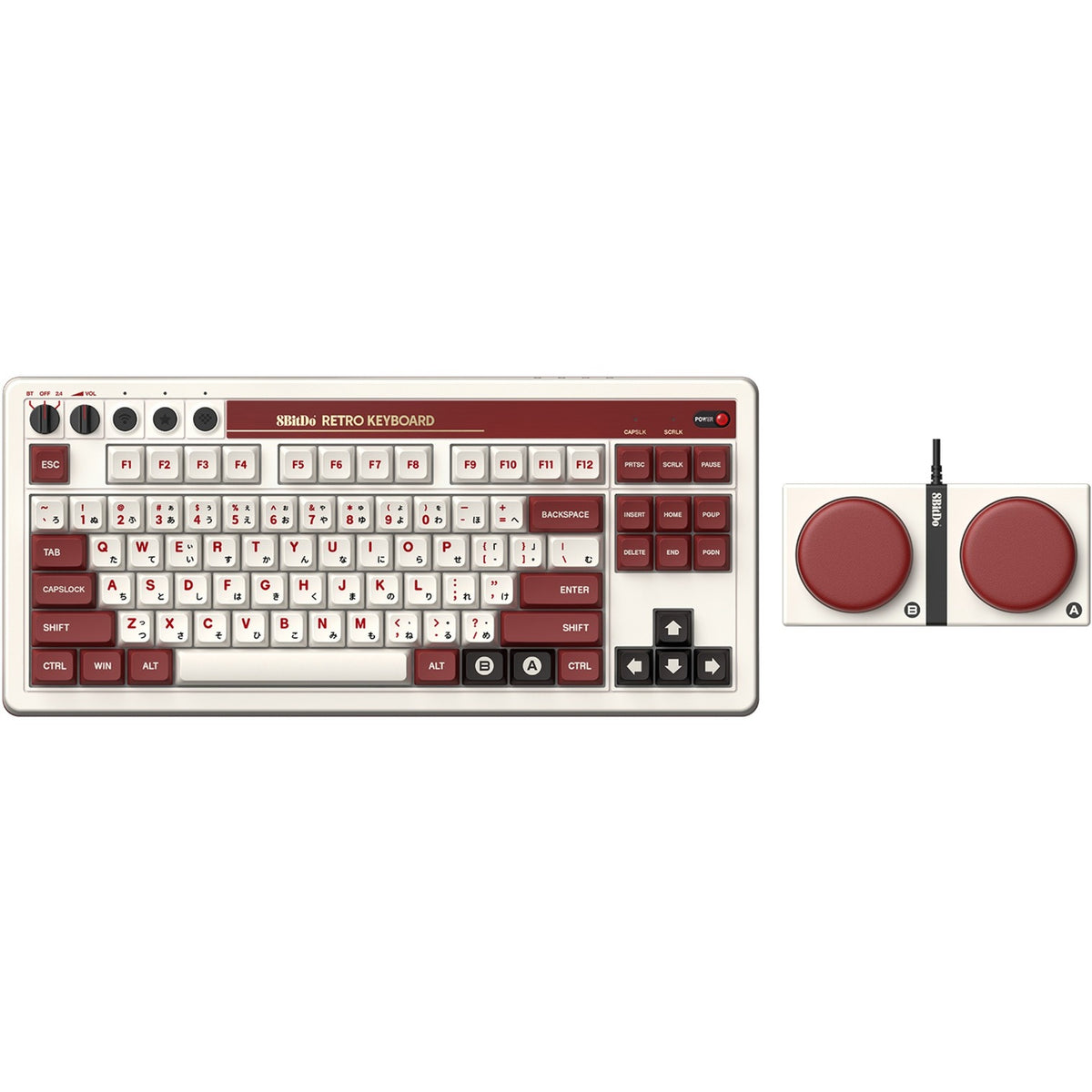 Tastiera meccanica retrò 8bitdo edizione fami (beige, layout americano (qwerty), kailh box bianco, 80% (tkl), bluetooth a basso consumo energetico, wireless 2.4g, USB)