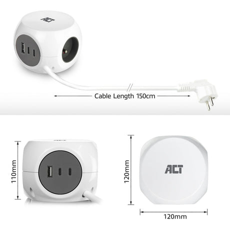Act connettività cubo multipresa act con 3 prese, erogazione di potenza da 30 W, porte USB-C A, lunghezza cavo 1,5 m AC2425