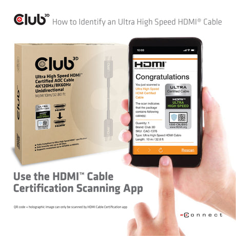 Cavo unidirezionale certificato Club 3D Ultra High Speed AOC HDMI 2.1 maschio-maschio (nero, 10 metri, 4K 120Hz, 8K 60Hz, 48Gbps)