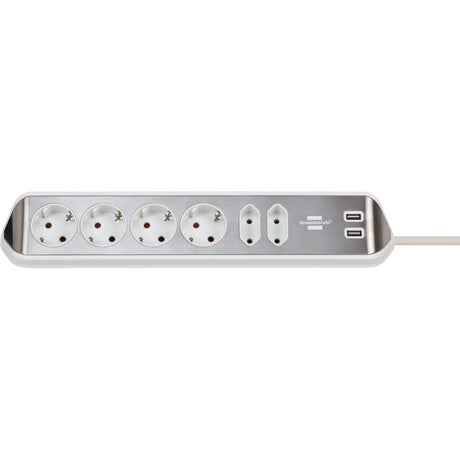 Scatola di collegamento angolare Brennerstuhl ®estilo con funzione di ricarica USB a 6 vie 4 prese di protezione 2 euro argento bianco