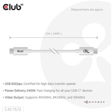 Cavo Club 3D USB-C 80Gbps certificato 240W 8K 240Hz (bianco, 1,2 m)
