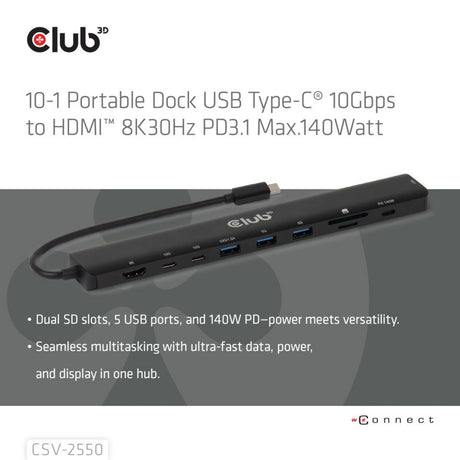 Club 3d 10-1 dock portatile da USB tipo C 10 Gbps a HDMI 8 K 30 Hz pd3.1 Docking station max. 140 Watt (nero, HDMI, USB-C, Lan)