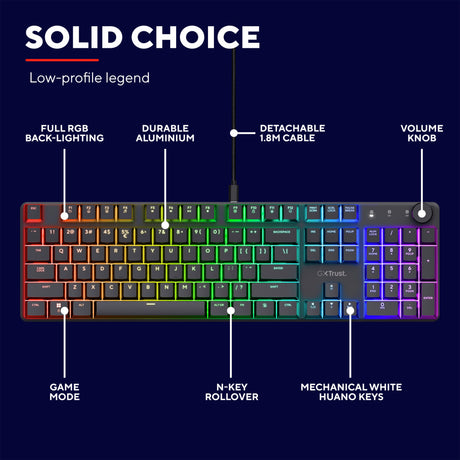 Tastiera da gioco meccanica Trust GXT 866 Torix (nera, layout USA (QWERTY), Huano Red, 100%, RGB)