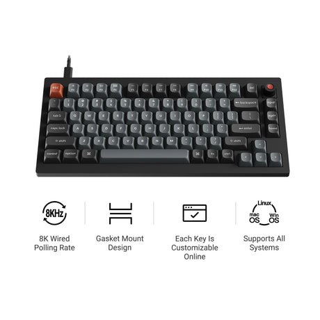 Keychron v1w-d1 8k qmk tastiera meccanica personalizzata cablata (nera, layout us (qwerty), super rossa, 75%, led rgb, pbt double-shot, hot swap, 8k, pulsante)