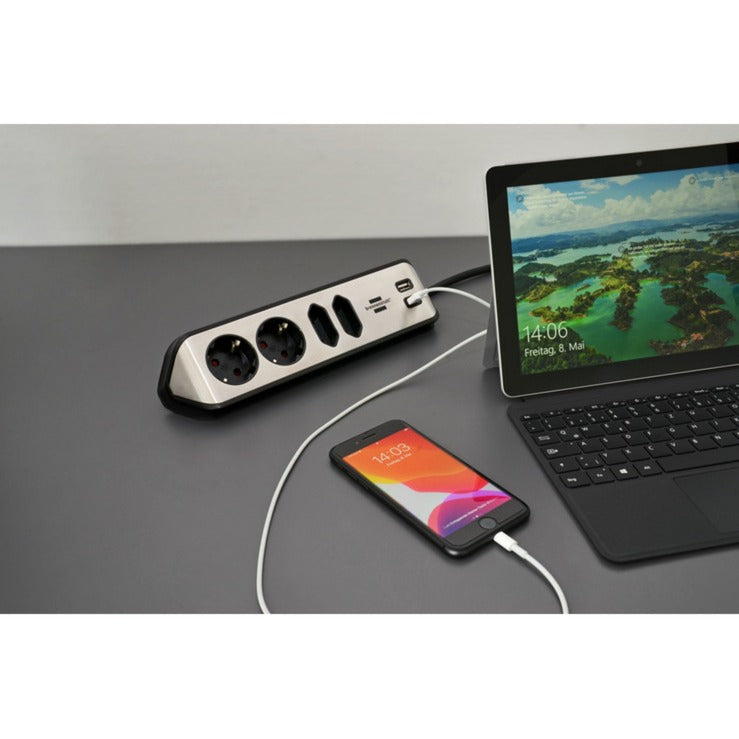 Brennerstuhl ®estilo listello di connessione angolare con funzione di ricarica USB a 4 vie 2 prese di protezione 2 euro argento nero