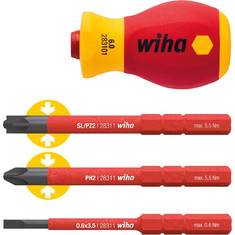 Cacciavite Wiha con set portapunte elettrico slimvario (rosso giallo, tozzo 4 pezzi con punte slim)