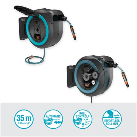 Gardena 35 m scatola portagomma a muro powerroll xl avvolgitubo (grigio turchese, 35 metri, batteria e caricabatterie non inclusi, power for all Alliance)