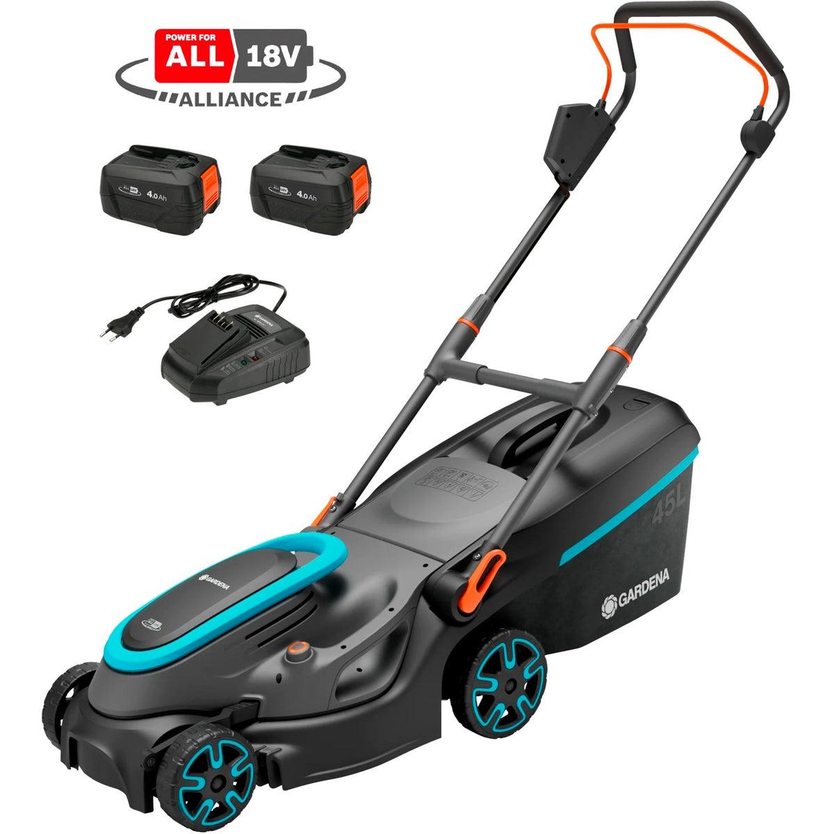 Gardena powermax 37 36v p4a pronto all'uso - tosaerba a batteria - 37 cm - incl. 2 batterie