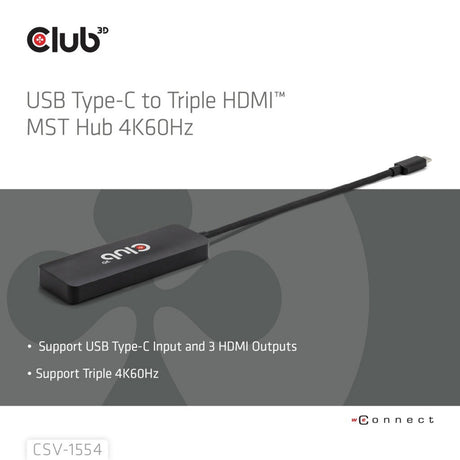 Adattatore Club 3D da USB-C a triplo HDMI MST Hub 4K60Hz (nero)