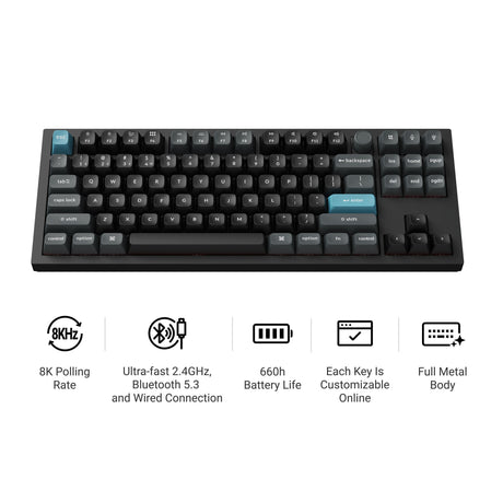 Tastiera meccanica personalizzata Keychron q3 ultra-m4 8k wireless (nera, layout us (qwerty), pom banana in seta, 80% (tkl), rgb, hot swap, 8k, 2,4 ghz | bluetooth 5.2 | usb-c)