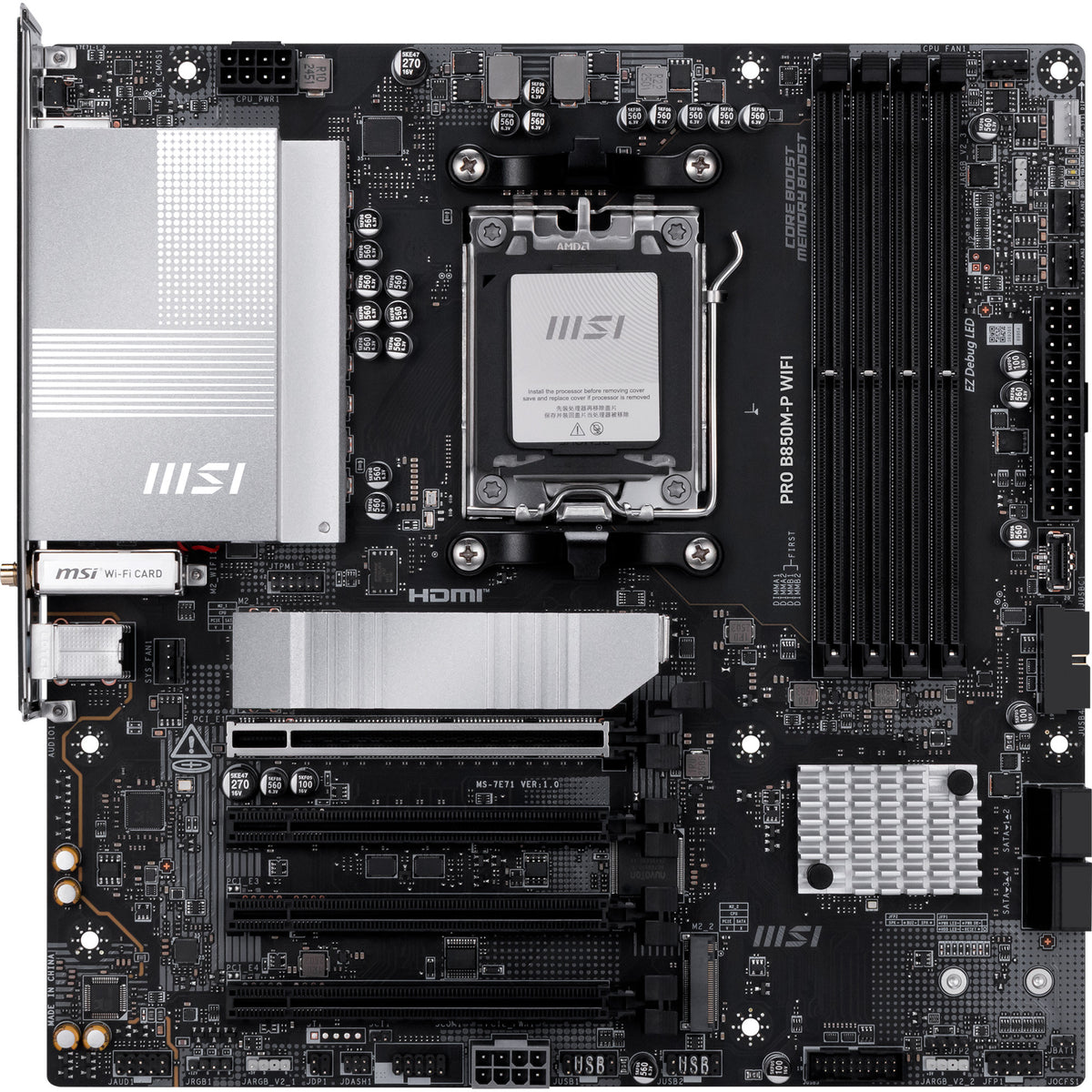 Scheda madre MSI Pro B850M-P WiFi Socket AM5 (nero argento, RAID, 5GB-LAN, WiFi 7, BT, audio, µATX)
