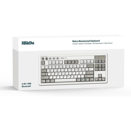 Tastiera meccanica retrò 8bitdo edizione m (grigia, layout americano (qwerty), kailh box bianco, 80% (tkl), bluetooth a basso consumo energetico, wireless 2.4g, USB)