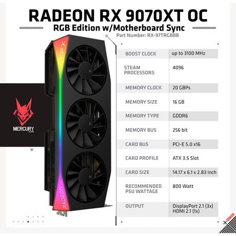 Scheda grafica XFX Radeon RX 9070 XT Quicksilver (nera, RDNA4, GDDR6, 3x DisplayPort, 1x HDMI 2.1)