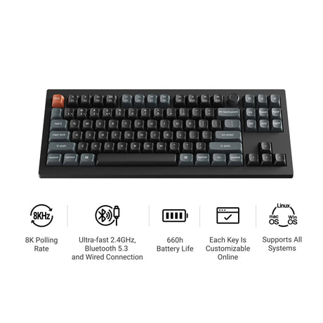 Tastiera meccanica personalizzata wireless Keychron v3 ultra 8K (nera, layout americano (qwerty), pom banana in seta, 80% (tkl), rgb, hot swap, 2,4 ghz | bluetooth 5.3 | usb-c)