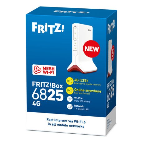 Fritz! box 6825 router internazionale wlan lte edizione 4g (bianco rosso, mesh wi-fi, 4g 3g)