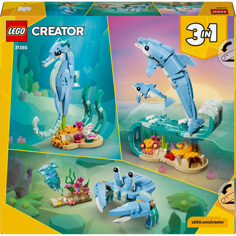 Animali marini 3 in 1 LEGO® Creator: bellissimi delfini - ricostruibili in cavalluccio marino o granchio - 31385