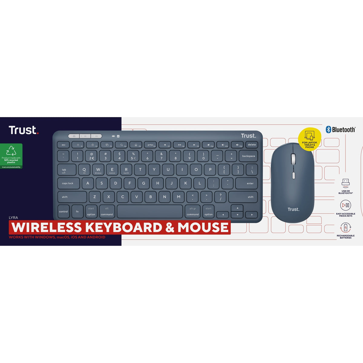 Mouse tastiera wireless multidispositivo Trust Lyra, set desktop (blu, layout USA, interruttori a forbice, 800 - 1.600 dpi, USB da 2,4 GHz, Bluetooth, 65%)