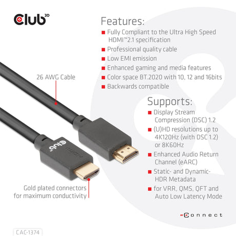 Cavo Club 3D HDMI 2.1 maschio-maschio ad altissima velocità (nero, 4 metri, 4K 120Hz, 8K 60Hz, 48Gbps)