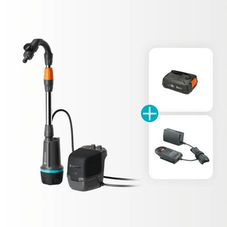 Gardena pompa a botte per pioggia a batteria 2400 comfortautomatic 18v p4a set pronto per l'uso incl. batteria e caricabatterie (grigio scuro nero, 14605-20 | pompa | batteria | caricabatterie | tubo e connessione)