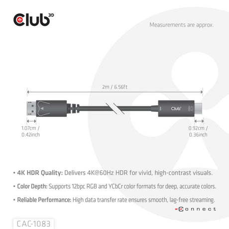 Cavo adattatore Club 3D DisplayPort 1.4 a HDMI 4K60Hz (nero, HDR M M 2 m)