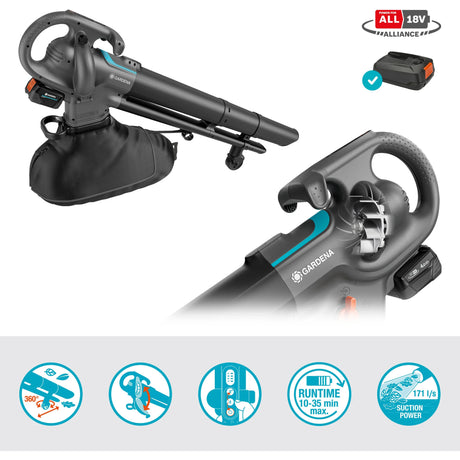Gardena aspirapolvere - soffiatore powerjet raccogli foglie aspirafoglie soffiatore (grigio nero, batteria 18v p4a e caricabatterie inclusi)