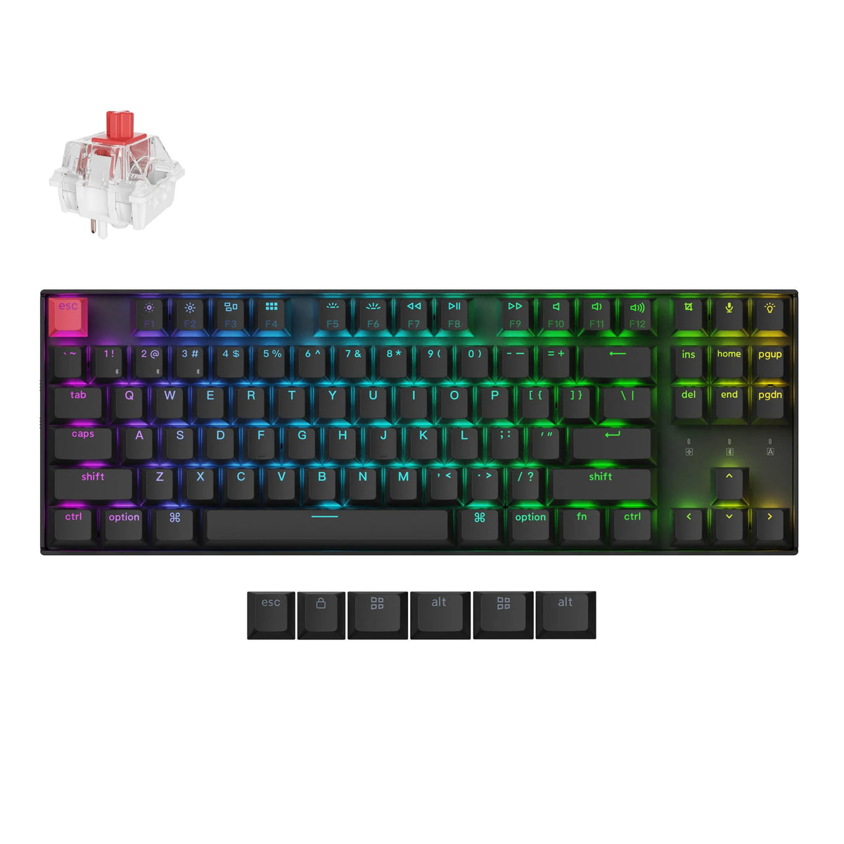 Tastiera meccanica Keychron k8x-h1 rgb (nera, layout us (qwerty), super rossa, 80% (tkl), rgb, copritasti cherry double-shot pbt, hot swap, bluetooth | usb-c)