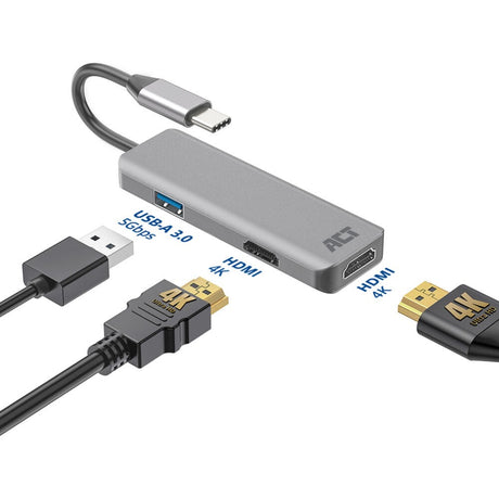 Act connettività Adattatore multiporta USB-C 4K per 2 schermi HDMI, porta dati USB-A (alluminio)