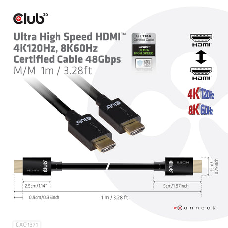 Cavo HDMI Club 3D ad altissima velocità (nero, 1 metro, 4K 120Hz, 8K 60Hz, 48Gbps)