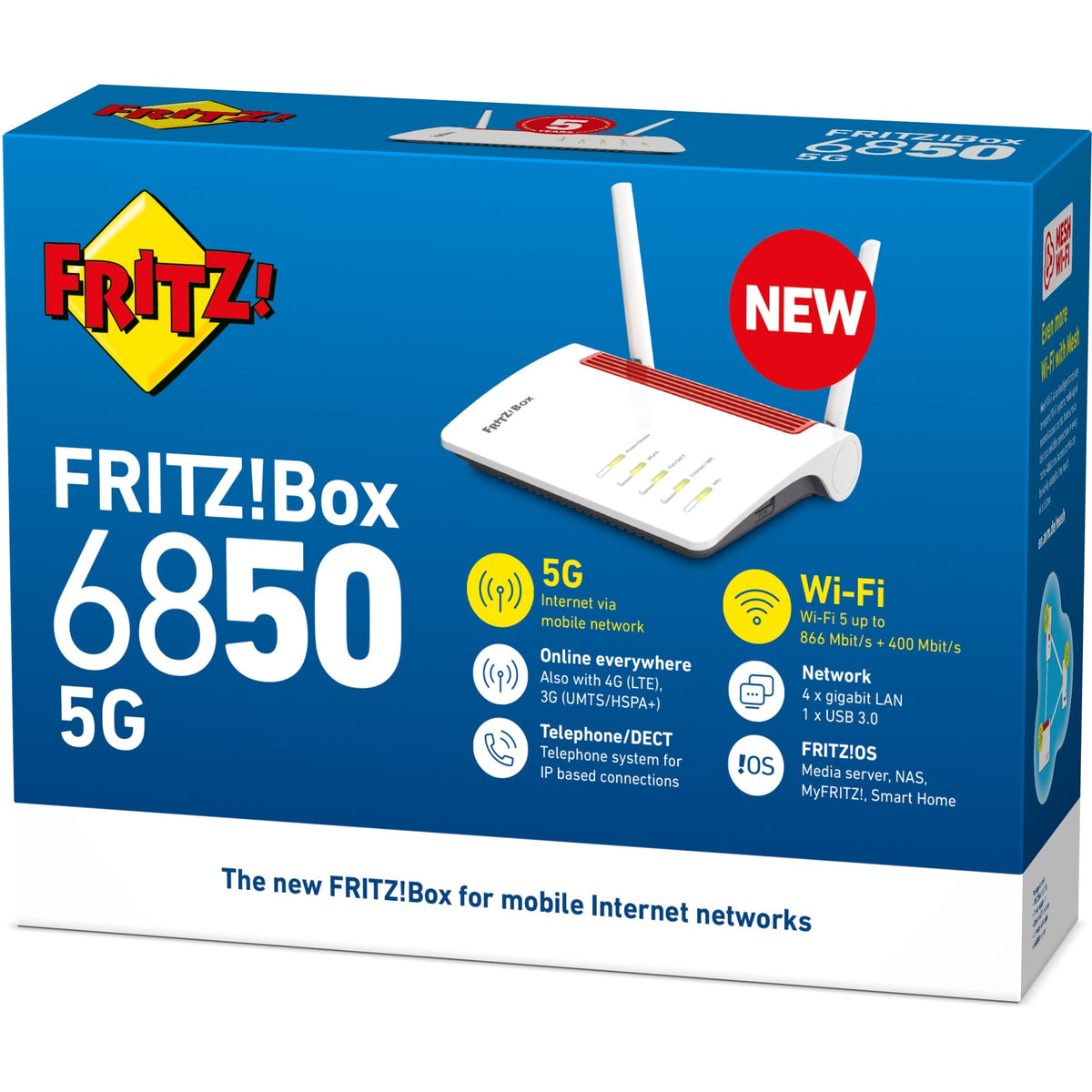 Fritz! box 6850 router internazionale wlan lte 5g (bianco rosso, mesh wi-fi, 4g (lte), 3g (umts hspa+)