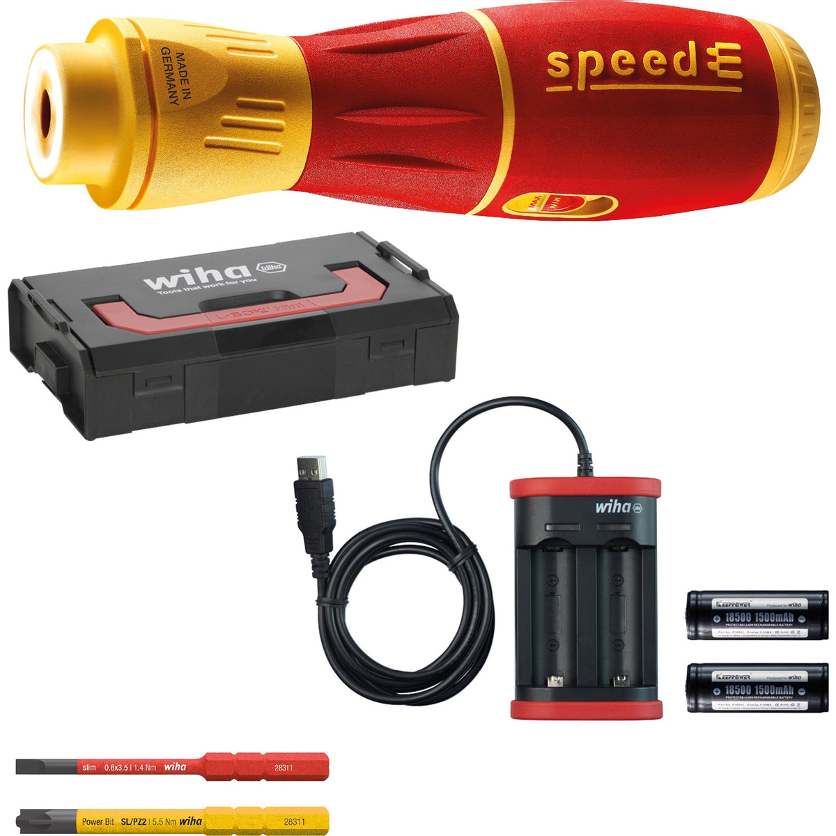 Wiha 44318 | cacciavite elettrico speede® ii elettrico | 7 pezzi | con slimbits | 2 batterie da 1,6 Ah e caricabatterie USB in l-boxx mini - 44318