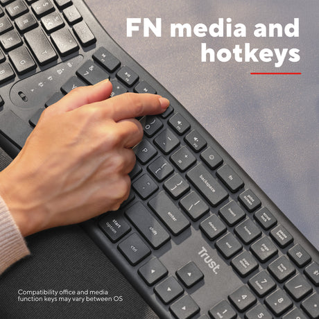 Tastiera wireless ergonomica Trust Keyra (nera, layout USA (QWERTY), 100%, USB da 2,4 GHz | Bluetooth)